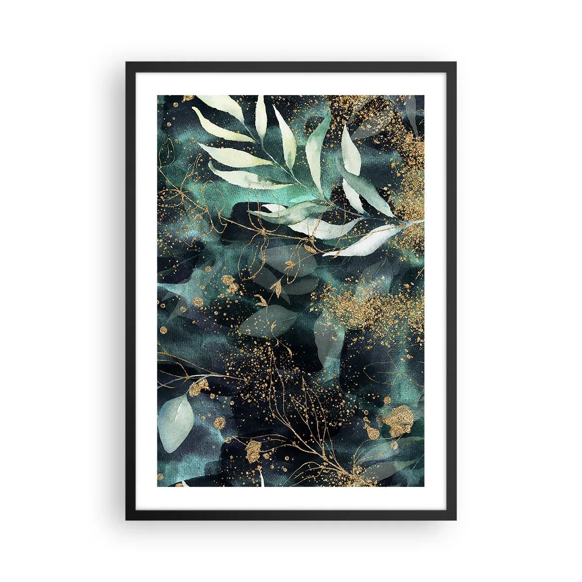 Plakát v černém rámu - Zelené listy a zlaté akcenty na tmavém pozadí - 50x70cm - Kouzelná zahrada - Moderní nástěnná dekorace do obývacího pokoje a ložnice ARTTOR