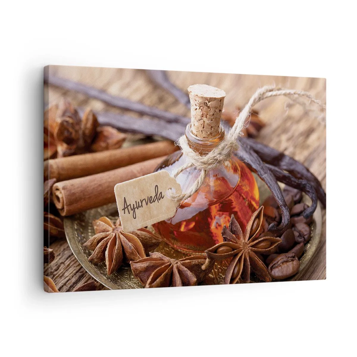 Obraz na plátně - Láhev kořeněného oleje na tácu - 70x50cm - K jednotě těla a ducha - Moderní nástěnná dekorace do obývacího pokoje a ložnice ARTTOR