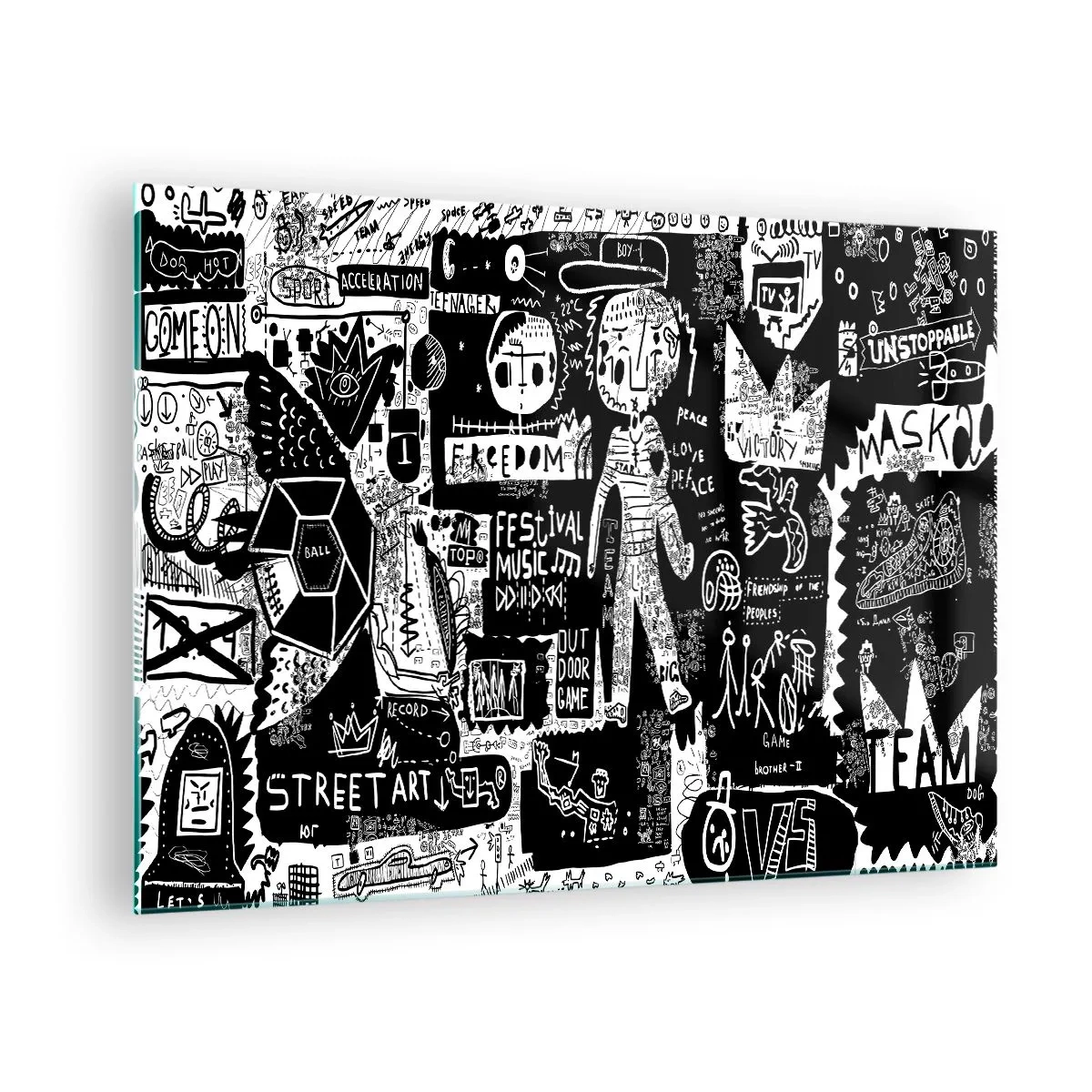 Obraz na skle - Černobílá grafika ve stylu pouličního umění se znaky a symboly - 70x50cm - Práva a radosti duševního mládí - Moderní nástěnná dekorace do obývacího pokoje a ložnice ARTTOR