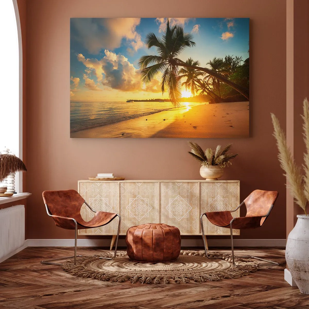 Obraz na plátně - Pláž při západu slunce s palmami na pobřeží - 70x50cm - Karibský sen - Moderní nástěnná dekorace do obývacího pokoje a ložnice ARTTOR