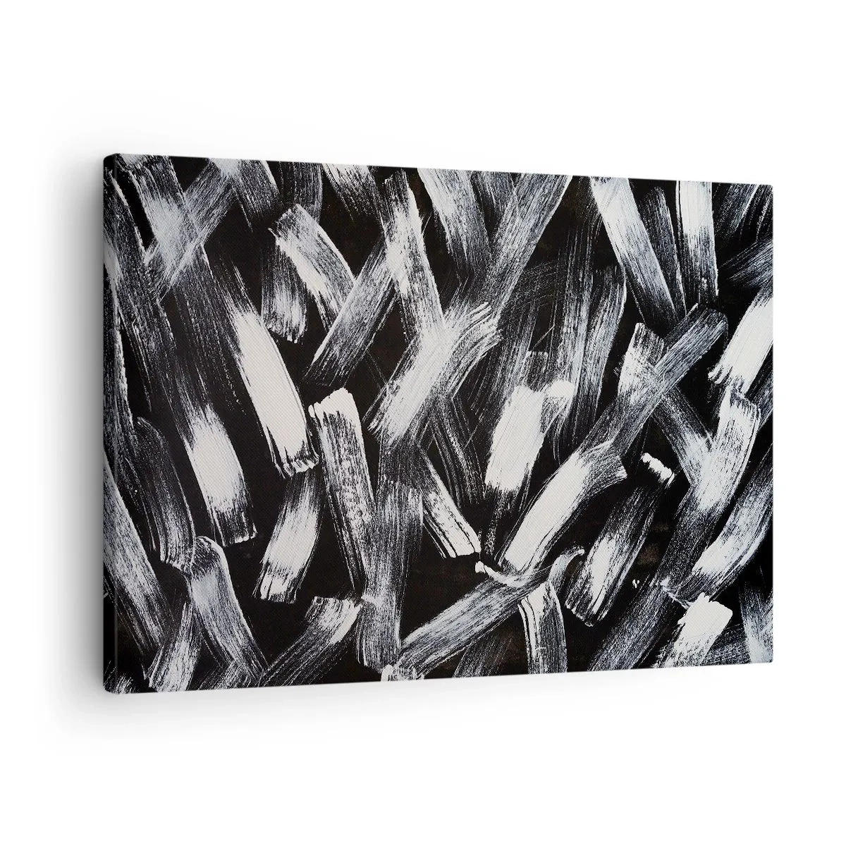 Obraz na plátně - Dynamická abstrakce s bílými tahy štětcem na černém pozadí. - 70x50cm - Abstrakce v industriálním duchu - Moderní nástěnná dekorace do obývacího pokoje a ložnice ARTTOR