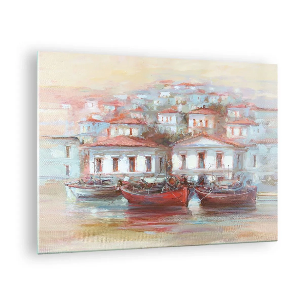 Obraz na skle - Malebné městečko s loděmi v přístavu při západu slunce - 70x50cm - Šťastné městečko - Moderní nástěnná dekorace do obývacího pokoje a ložnice ARTTOR
