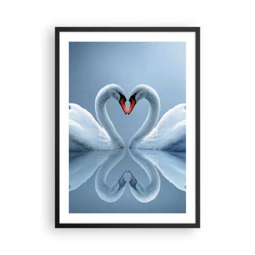 Plakát v černém rámu - Labutě ve tvaru srdce proti obloze - 50x70cm - Čas na lásku - Moderní nástěnná dekorace do obývacího pokoje a ložnice ARTTOR