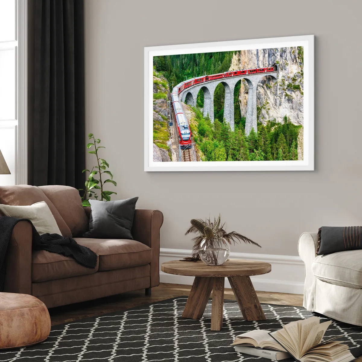 Plakát v bílém rámu - Horský výhled přímo z vlaku - 40x30 cm