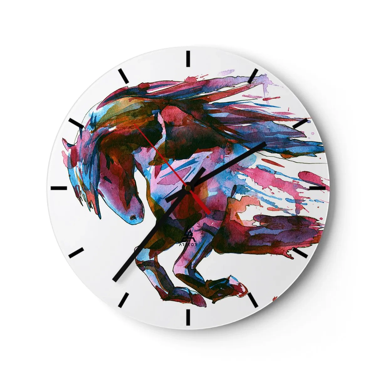Nástěnné hodiny - Dynamický kůň v akvarelových barvách s rozevlátou hřívou - 30x30cm - U vytržení - Moderní nástěnná dekorace do obývacího pokoje, kuchyně a ložnice ARTTOR