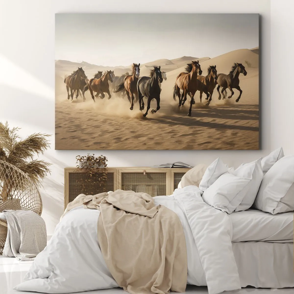 Obraz na plátně - Cválající koně na pozadí pouště - 70x50cm - Volné jako vítr - Moderní nástěnná dekorace do obývacího pokoje a ložnice ARTTOR