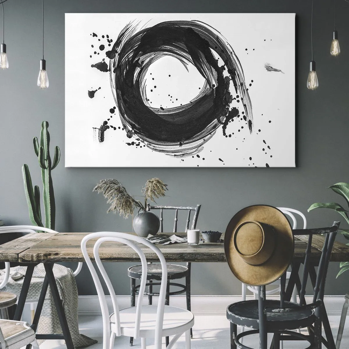 Obraz na plátně - Černá abstrakce ve tvaru kruhu na bílém pozadí - 70x50cm - Vír tvoření - Moderní nástěnná dekorace do obývacího pokoje a ložnice ARTTOR