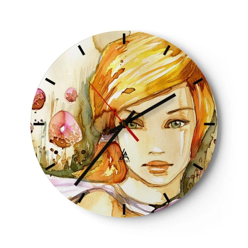Nástěnné hodiny - Umělecký portrét ženy s rudými vlasy a smaragdovýma očima - 30x30cm - Smaragdový pohled, který zahání hněv - Moderní nástěnná dekorace do obývacího pokoje, kuchyně a ložnice ARTTOR