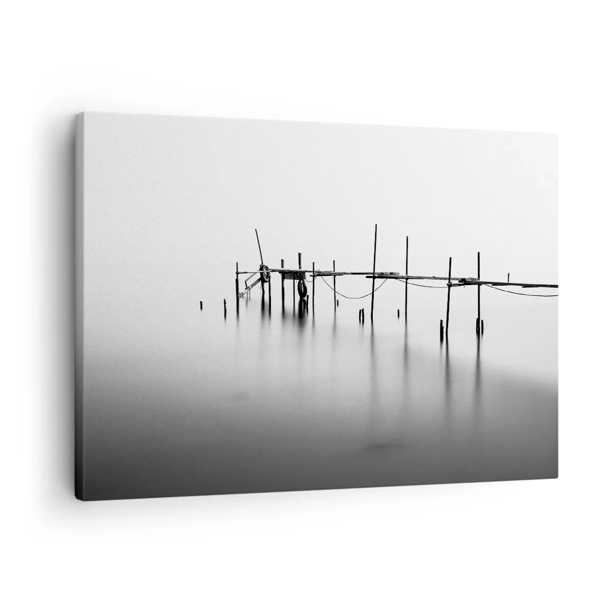 Obraz na plátně - Černobílé molo ponořené do mlhavé krajiny - 70x50cm - A co když svět není? - Moderní nástěnná dekorace do obývacího pokoje a ložnice ARTTOR