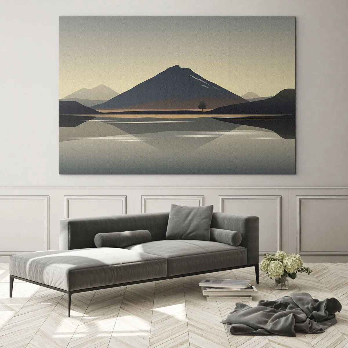 Obraz na skle - Hory a jezero v teplých tónech s reflexním efektem - 70x50cm - Zrcadlový odraz - Moderní nástěnná dekorace do obývacího pokoje a ložnice ARTTOR