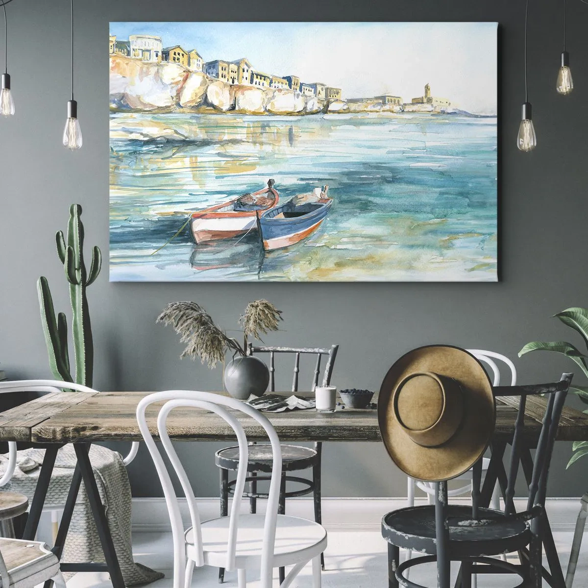 Obraz na plátně - Malebná přímořská krajina s loděmi na vodě - 70x50cm - Krajina v modří - Moderní nástěnná dekorace do obývacího pokoje a ložnice ARTTOR