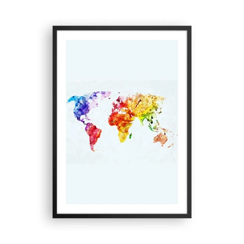 Plakát v černém rámu - Barevná mapa světa s akvarelem - 50x70cm - Všechny barvy světa - Moderní nástěnná dekorace do obývacího pokoje a ložnice ARTTOR