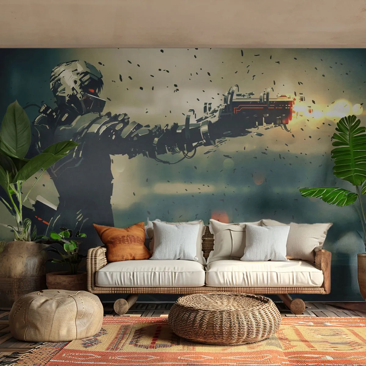 Fototapeta Standard Eco - Kybernetický bojovník se zbraní v futuristickém světě - 100x70cm - Vražedná zbraň - tvůj vlastní terminátor - Moderní nástěnná dekorace do obývacího pokoje a ložnice ARTTOR