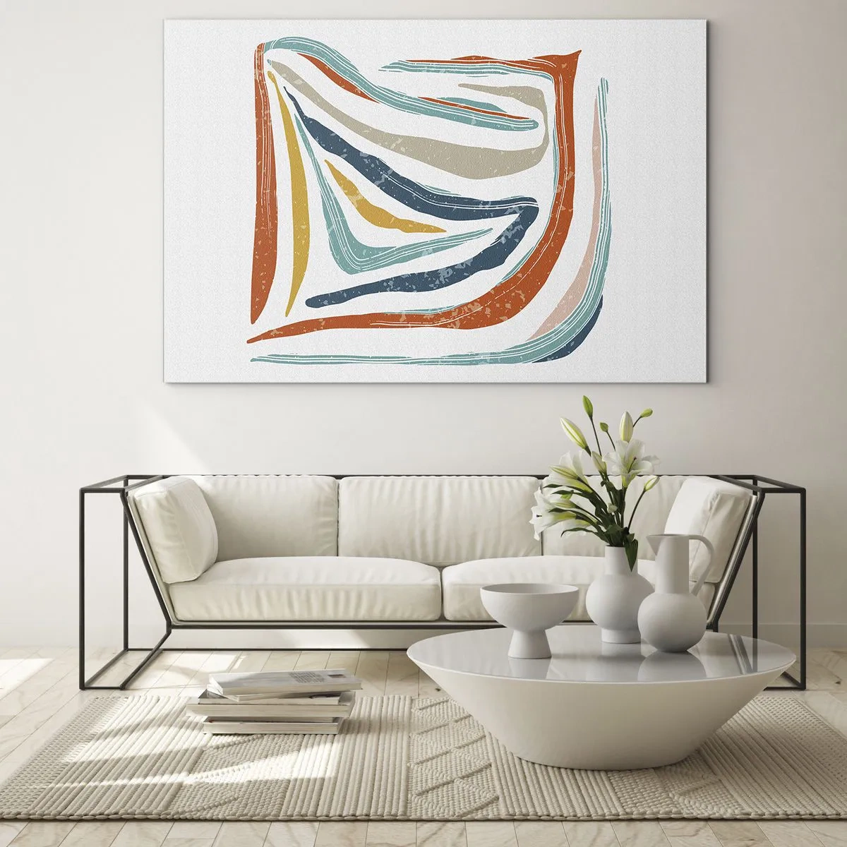 Obraz na skle - Barevné pruhy vytvářejí dynamickou abstrakci na bílém pozadí - 70x50cm - Přátelsky usměvavá abstrakce - Moderní nástěnná dekorace do obývacího pokoje a ložnice ARTTOR