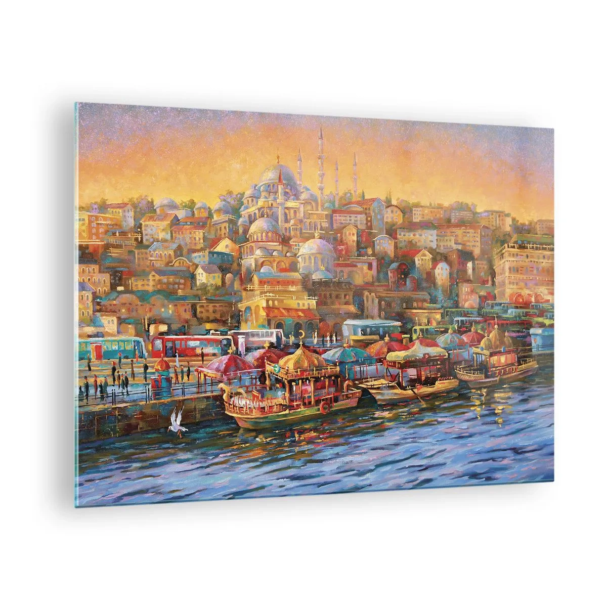 Obraz na skle - Barevný přístav s loděmi a panoramatem města při západu slunce - 70x50cm - Istanbulský příběh - Moderní nástěnná dekorace do obývacího pokoje a ložnice ARTTOR