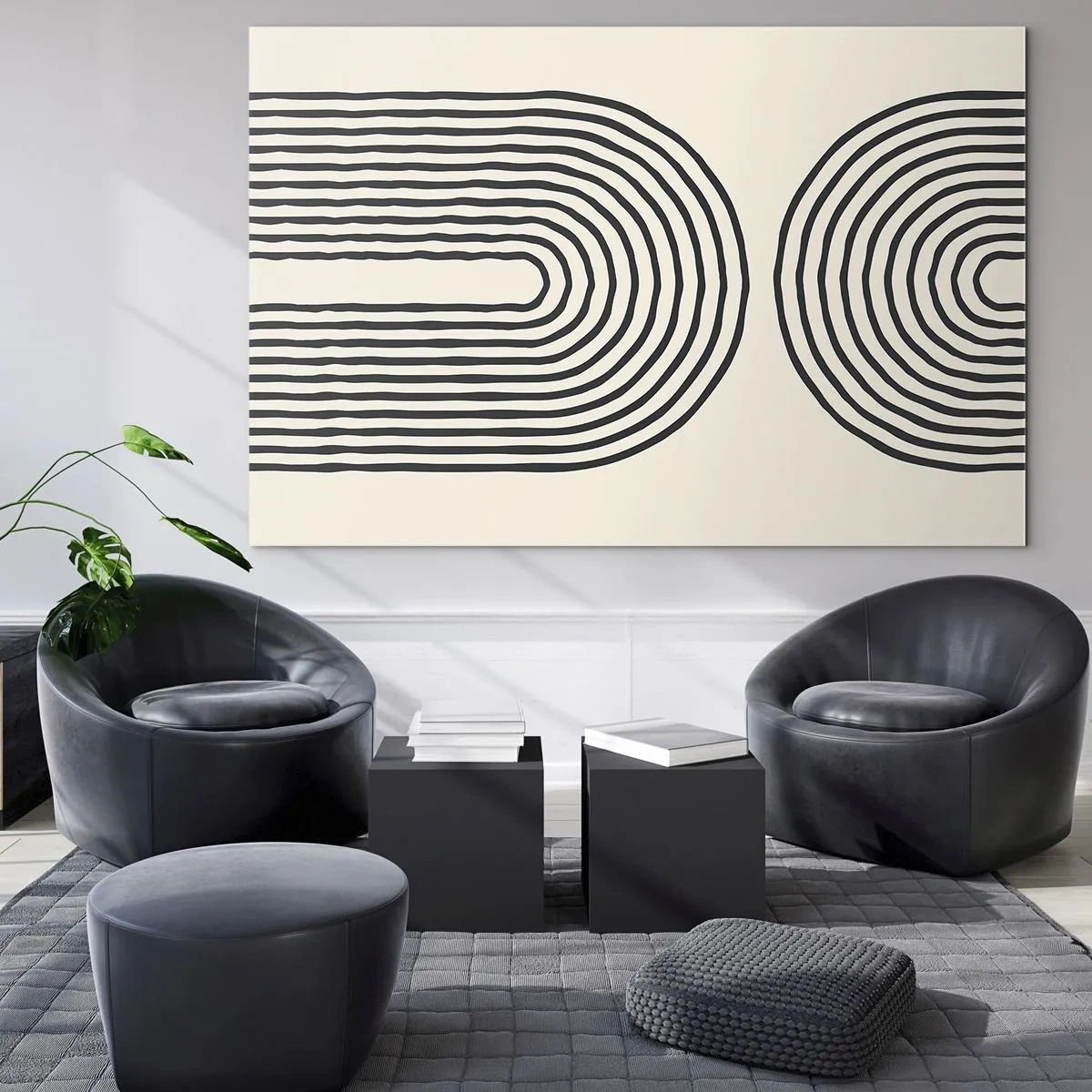 Obraz na skle - Abstraktní obraz v černé a bílé zobrazující obloukovité linie. - 70x50cm - Již brzy… - Moderní nástěnná dekorace do obývacího pokoje a ložnice ARTTOR