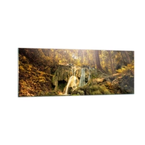 Obraz na skle - Lesní vodopád v zelené - 140x50 cm