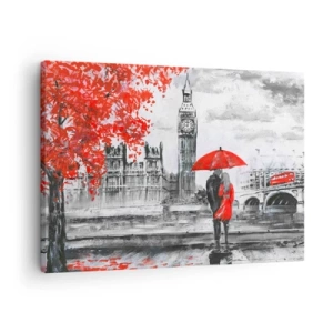 Obraz na plátně - Romantická scéna s Big Benem a červeným deštníkem - 70x50cm - Zamilování do Londýna - Moderní nástěnná dekorace do obývacího pokoje a ložnice ARTTOR
