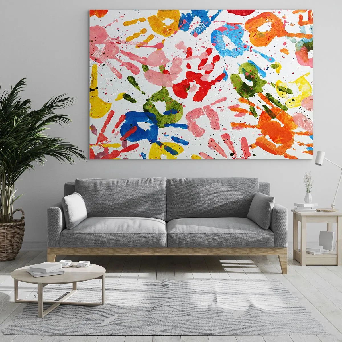 Obraz na skle - Barevné otisky rukou na bílém pozadí - 70x50cm - Jdi ve stopách - Moderní nástěnná dekorace do obývacího pokoje a ložnice ARTTOR