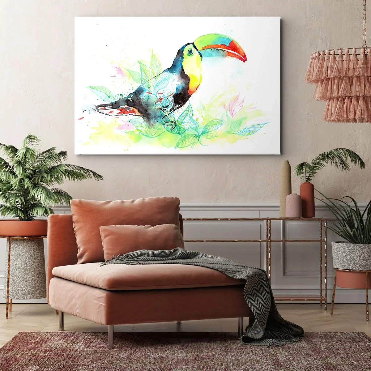 Obraz na plátně - Akvarelová ilustrace tukana na tropickém pozadí - 70x50cm - Barevný jako Jižní Amerika - Moderní nástěnná dekorace do obývacího pokoje a ložnice ARTTOR