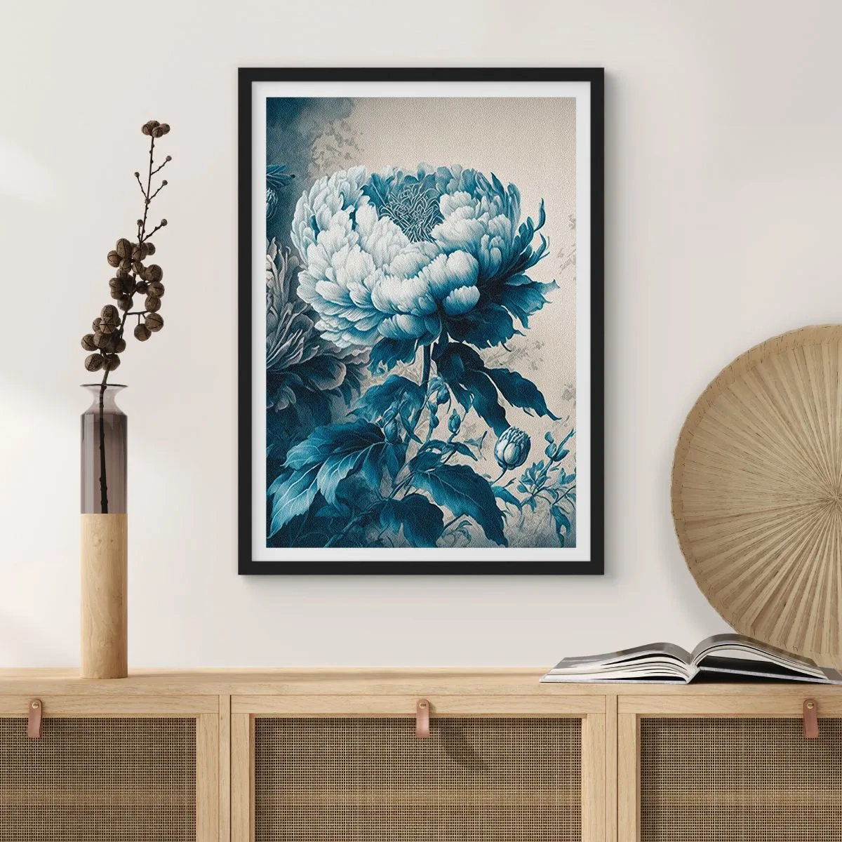Plakát v černém rámu - Jemný modrý květ ve vintage stylu - 50x70cm - Shodný pár - Moderní nástěnná dekorace do obývacího pokoje a ložnice ARTTOR