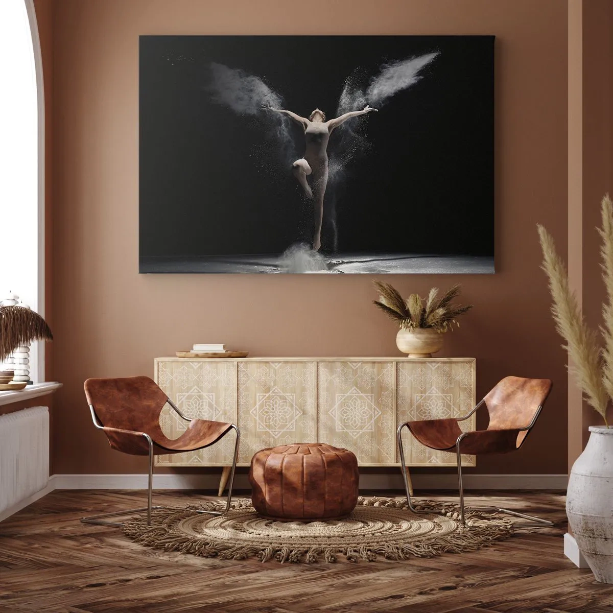 Obraz na plátně - Tanečník v pohybu s výrazným efektem prachu na černém pozadí - 70x50cm - Elfové existují - Moderní nástěnná dekorace do obývacího pokoje a ložnice ARTTOR