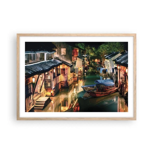 Plakát v rámu světlý dub - Večer na čínské ulici - 70x50 cm