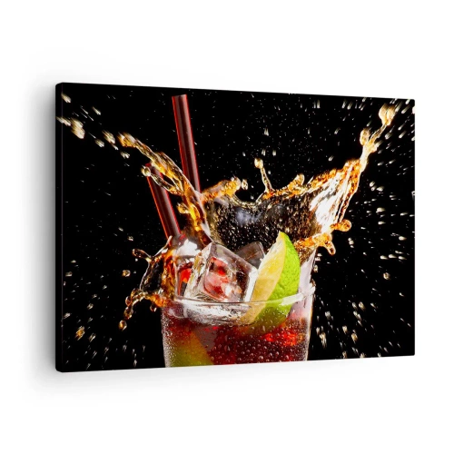 Obraz na plátně - Sklenice nápoje, limetka a led v okamžiku dynamického šplouchání - 70x50cm - Radost a energie barev - Moderní nástěnná dekorace do obývacího pokoje a ložnice ARTTOR