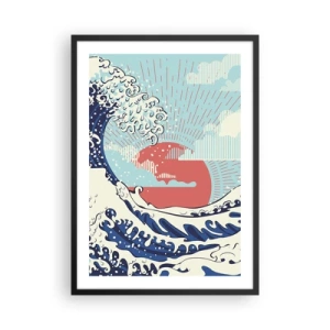 Plakát v černém rámu - Japonsky inspirovaná grafická vlna s rudým sluncem - 50x70cm - Z japonských inspirací - Moderní nástěnná dekorace do obývacího pokoje a ložnice ARTTOR
