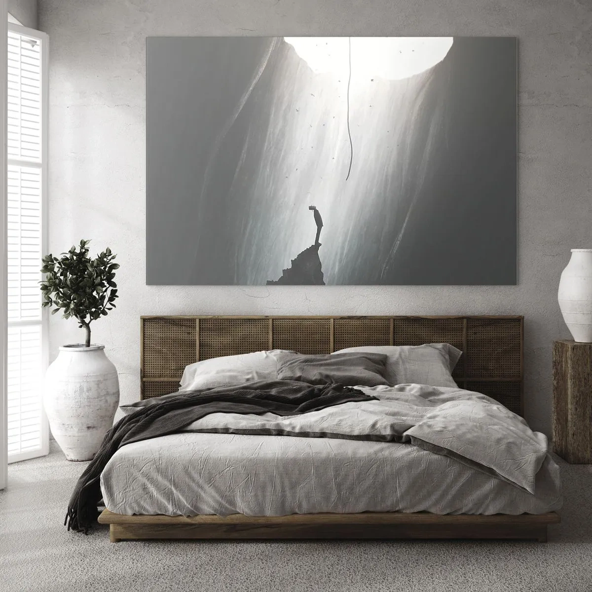 Obraz na skle - Muž stojící ve tmě na úpatí světelného východu nad propastí - 70x50cm - Vždycky máte na výběr - Moderní nástěnná dekorace do obývacího pokoje a ložnice ARTTOR