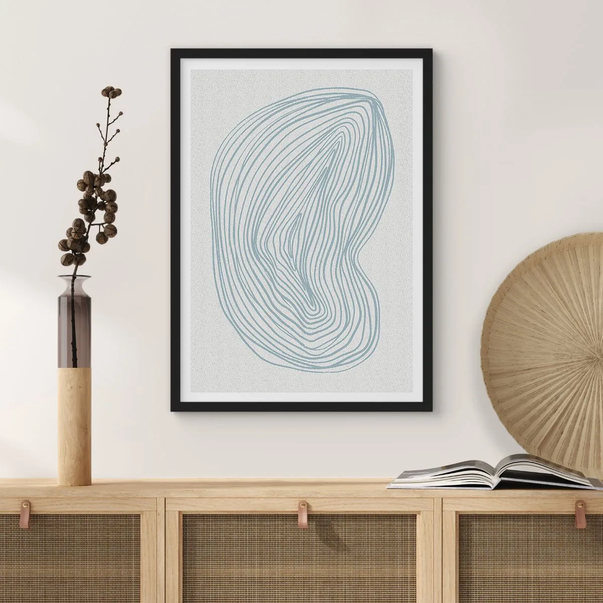 Plakát v černém rámu - Minimalistická abstrakce s lineárním vzorem v odstínech modré. - 50x70cm - Úsměv kapky - Moderní nástěnná dekorace do obývacího pokoje a ložnice ARTTOR