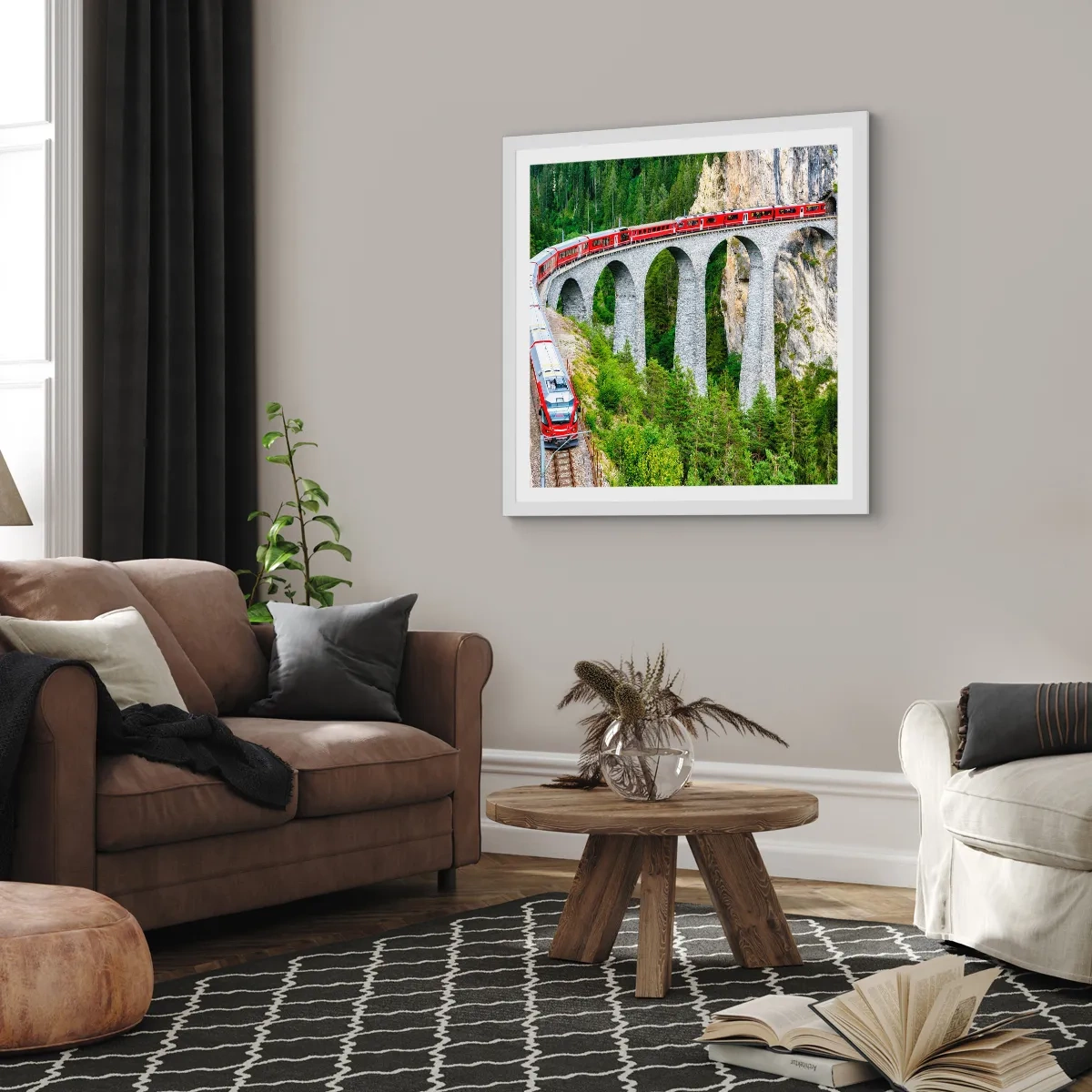 Plakát v bílém rámu - Horský výhled přímo z vlaku - 50x50 cm