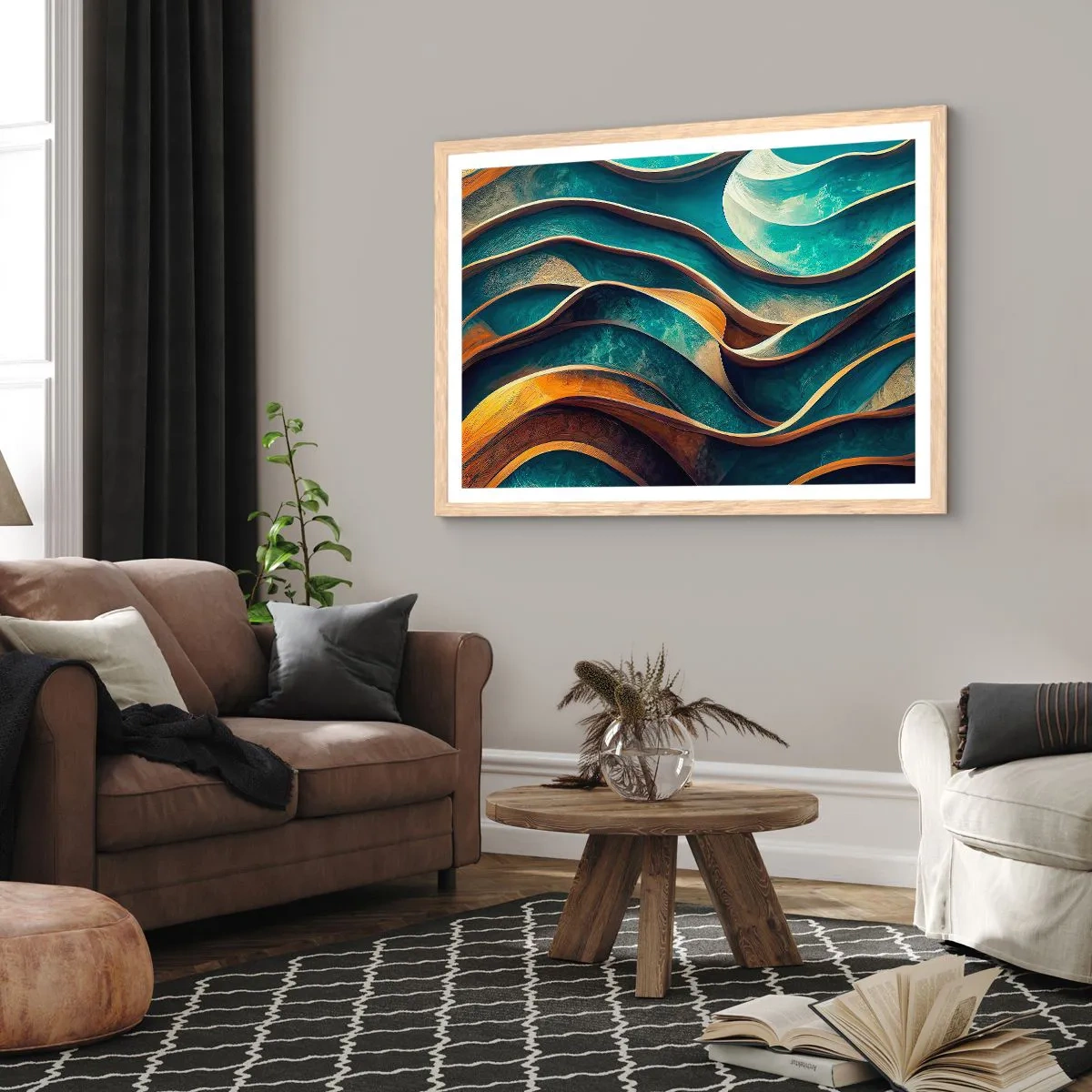 Plakát v rámu světlý dub - Meandry modré - 91x61 cm