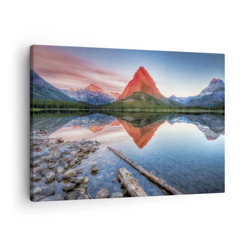 Obraz na plátně - Hora se odráží v jezeře při západu slunce - 70x50cm - Teplo a chlad - Moderní nástěnná dekorace do obývacího pokoje a ložnice ARTTOR