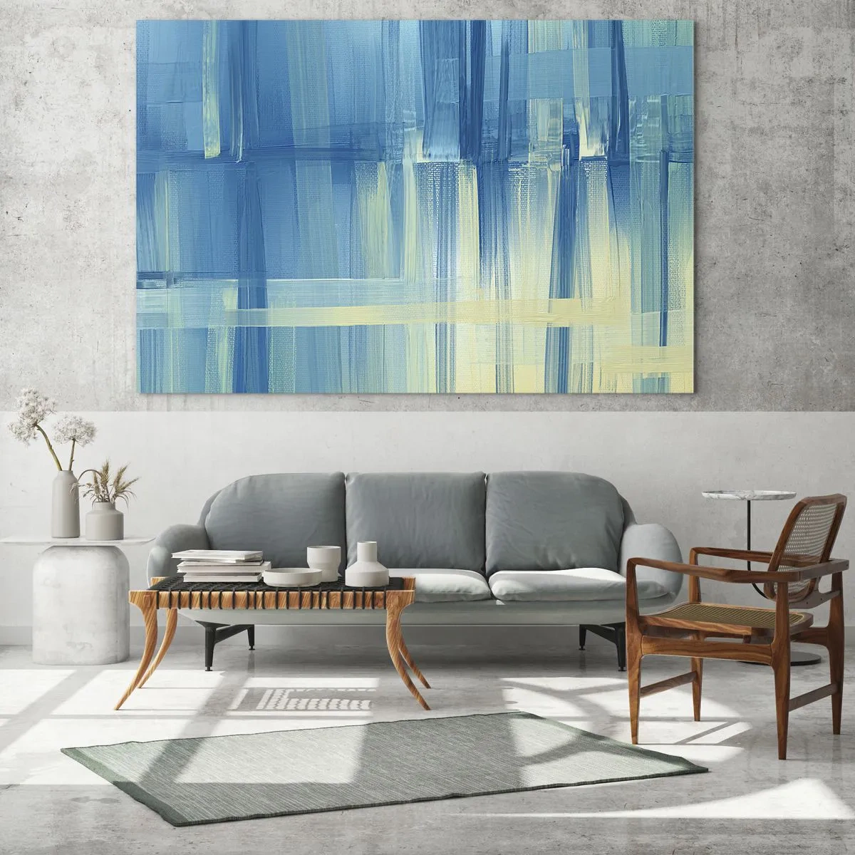 Obraz na skle - Abstraktní tahy štětcem v tyrkysové a žluté barvě - 70x50cm - Kompozice v tyrkysu - Moderní nástěnná dekorace do obývacího pokoje a ložnice ARTTOR