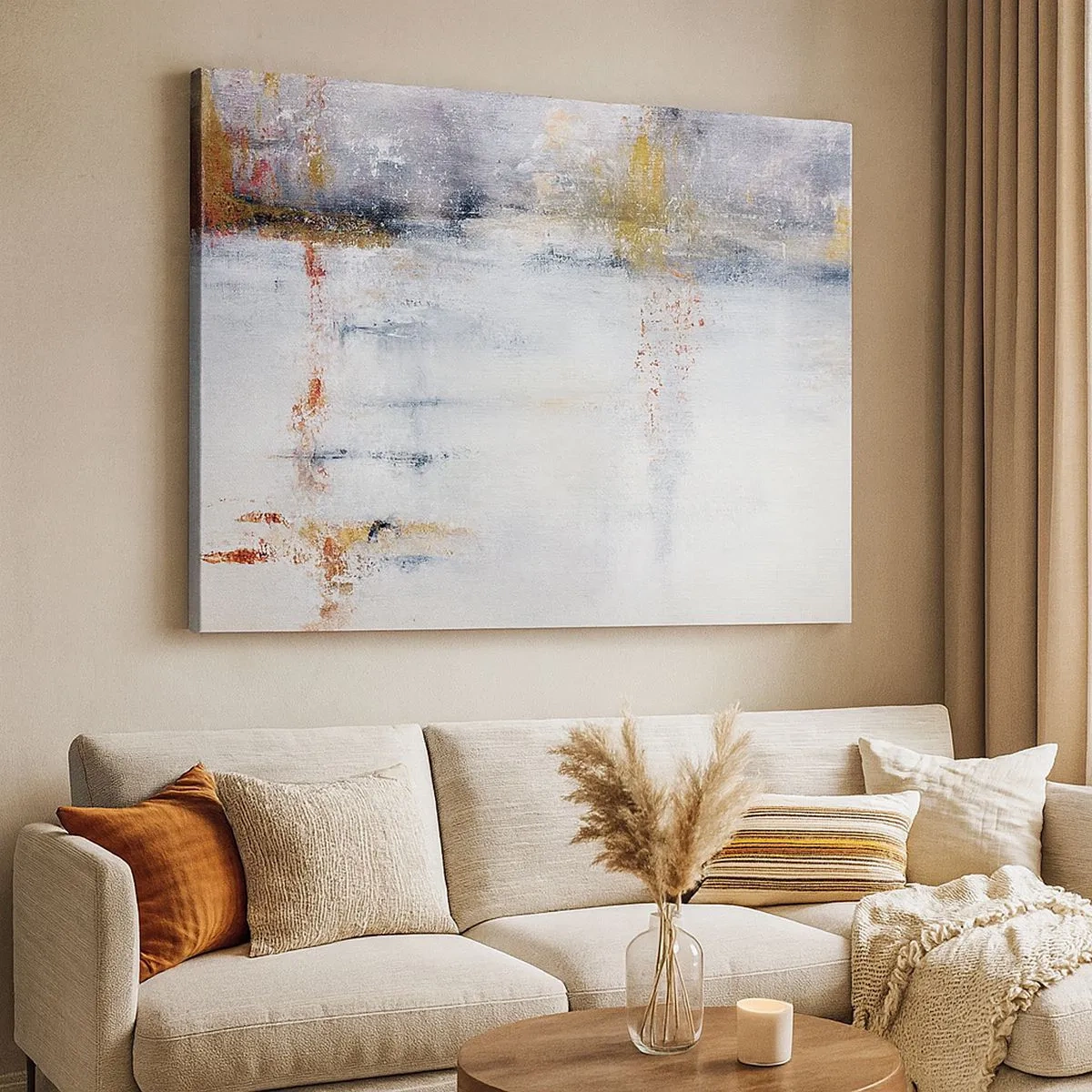 Obraz na plátně - Abstraktní krajina s rozmazanými akcenty šedé a zlaté. - 70x50cm - Za závojem vzduchu - Moderní nástěnná dekorace do obývacího pokoje a ložnice ARTTOR