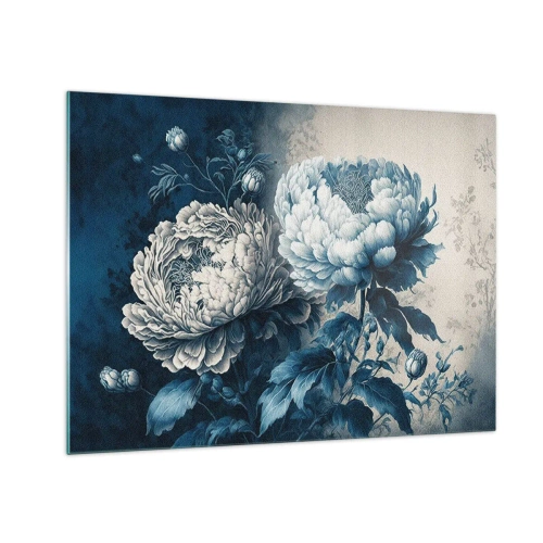 Obraz na skle - Dvoubarevné pivoňky v odstínech modré a béžové na vintage pozadí - 70x50cm - Shodný pár - Moderní nástěnná dekorace do obývacího pokoje a ložnice ARTTOR