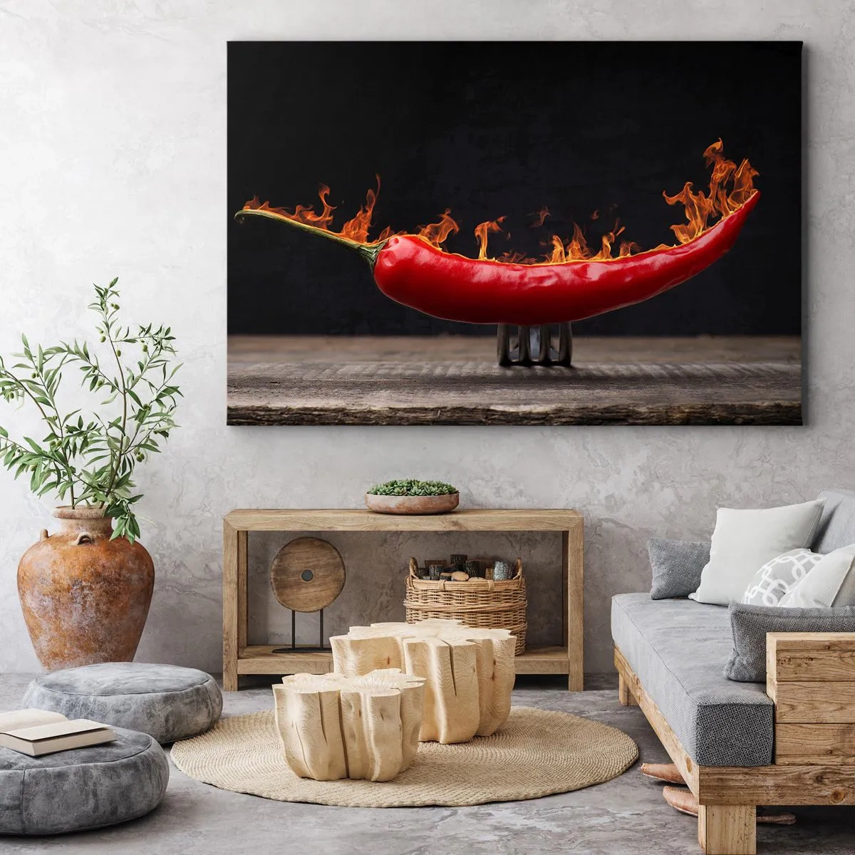 Obraz na plátně - Hořící červená paprika na vidličku - 70x50cm - Ohnivý předkrm - Moderní nástěnná dekorace do obývacího pokoje a ložnice ARTTOR
