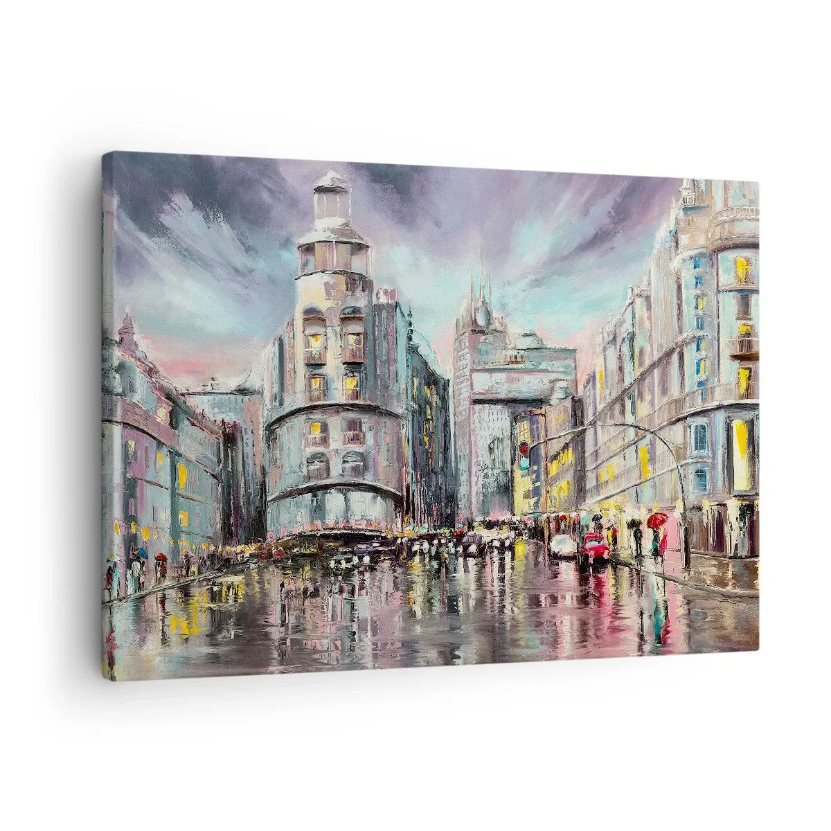 Obraz na plátně - Večerní pohled na město s odrazy na mokré ulici - 70x50cm - To bude vydařený večer - Moderní nástěnná dekorace do obývacího pokoje a ložnice ARTTOR