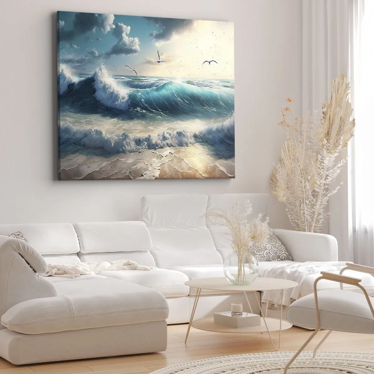 Obraz na plátně - Mořské vlny na pláži pod modrou oblohou s racky - 70x50cm - Šustění jen pro tebe - Moderní nástěnná dekorace do obývacího pokoje a ložnice ARTTOR