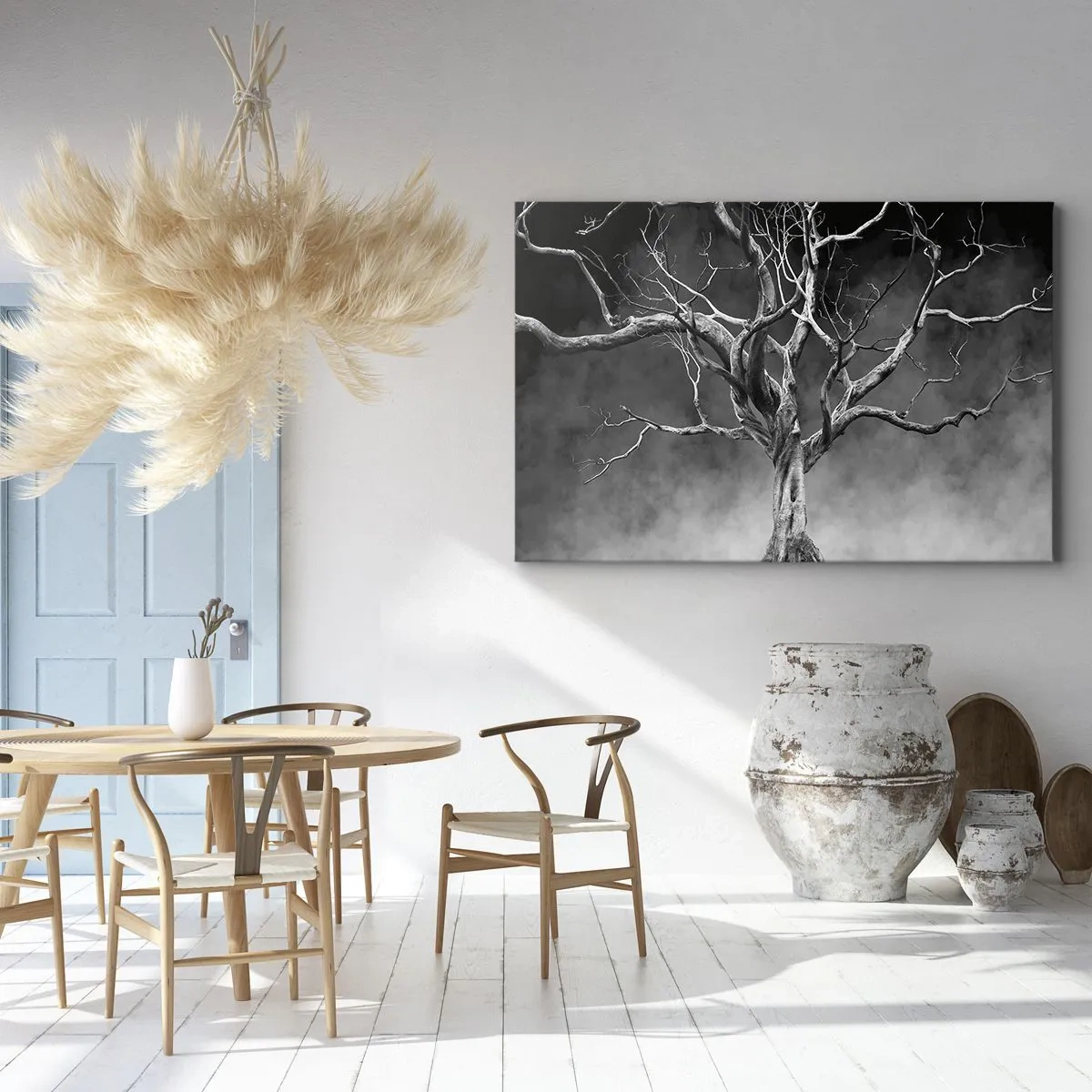 Obraz na plátně - Suchý strom v černé a bílé proti mlze - 70x50cm - Původní a svaté - Moderní nástěnná dekorace do obývacího pokoje a ložnice ARTTOR