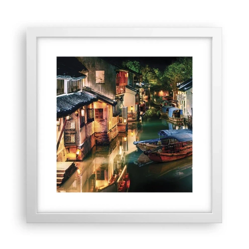 Plakát v bílém rámu - Večer na čínské ulici - 30x30 cm