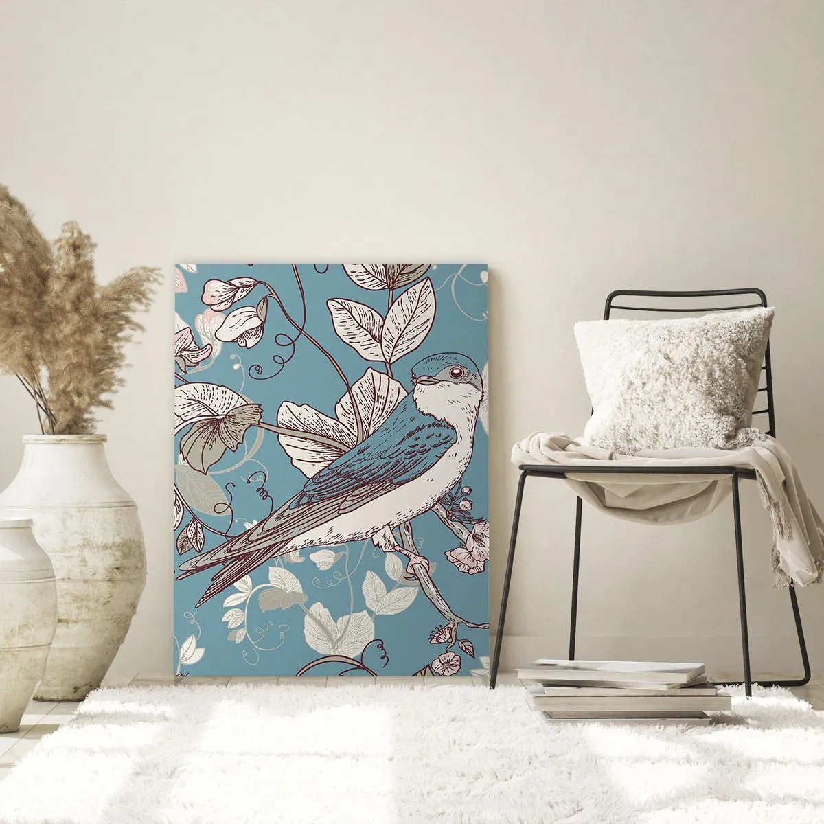 Obraz na skle - Na bílém stromě ptáci a stříbrné listí - 70x100 cm