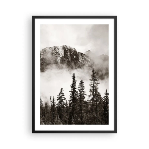 Plakát v černém rámu - Horská krajina se stromy a mlhou - 50x70cm - Žulový panovník - Moderní nástěnná dekorace do obývacího pokoje a ložnice ARTTOR