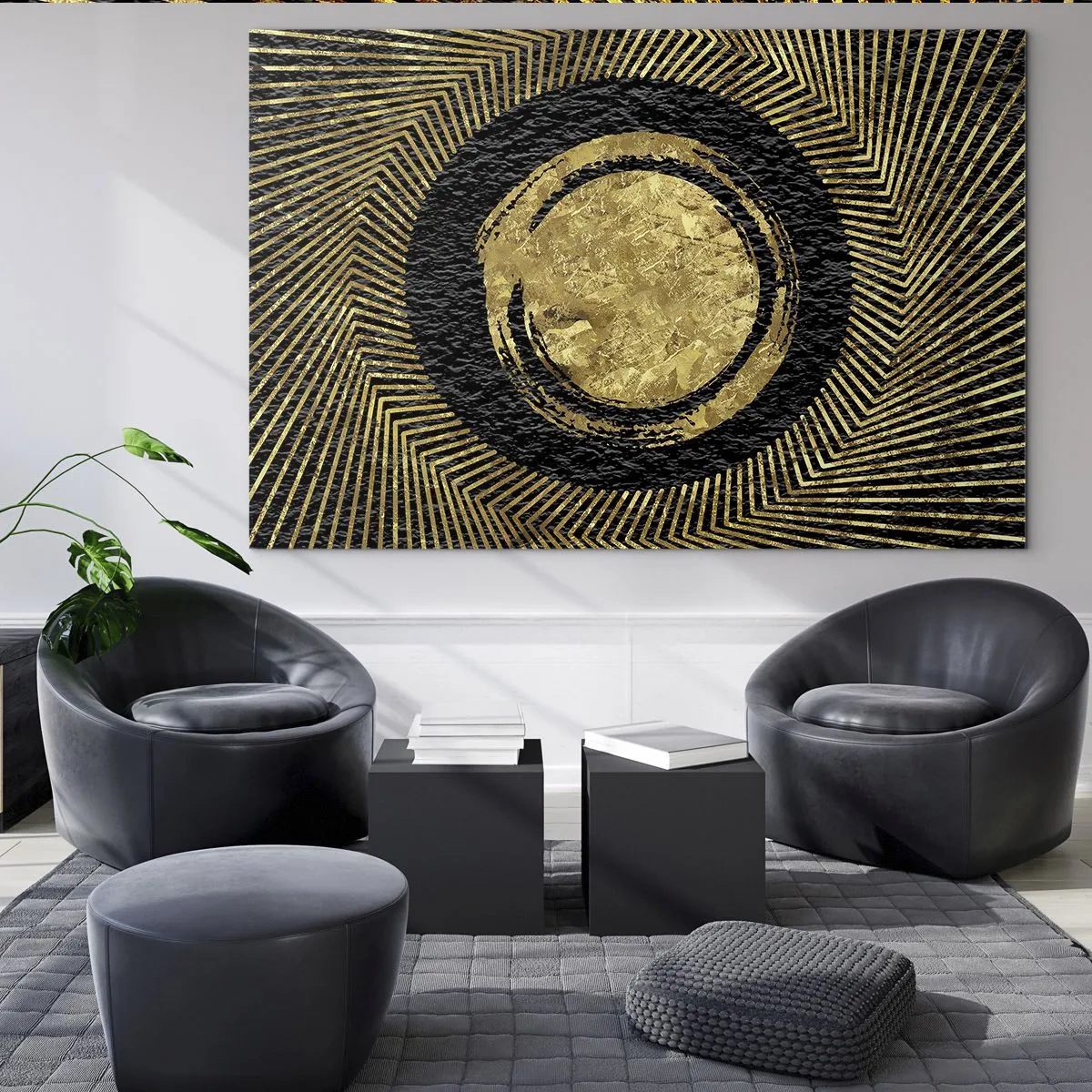 Obraz na skle - Zlatý kruh s paprsky na černém pozadí v okouzlujícím stylu - 70x50cm - Glamour kompozice - Moderní nástěnná dekorace do obývacího pokoje a ložnice ARTTOR