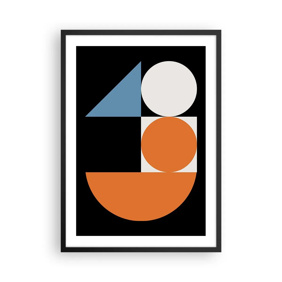Plakát v černém rámu - Moderní geometrický vzor s kruhy, trojúhelníky a půlkruhy - 50x70cm - Figurínový systém - Moderní nástěnná dekorace do obývacího pokoje a ložnice ARTTOR