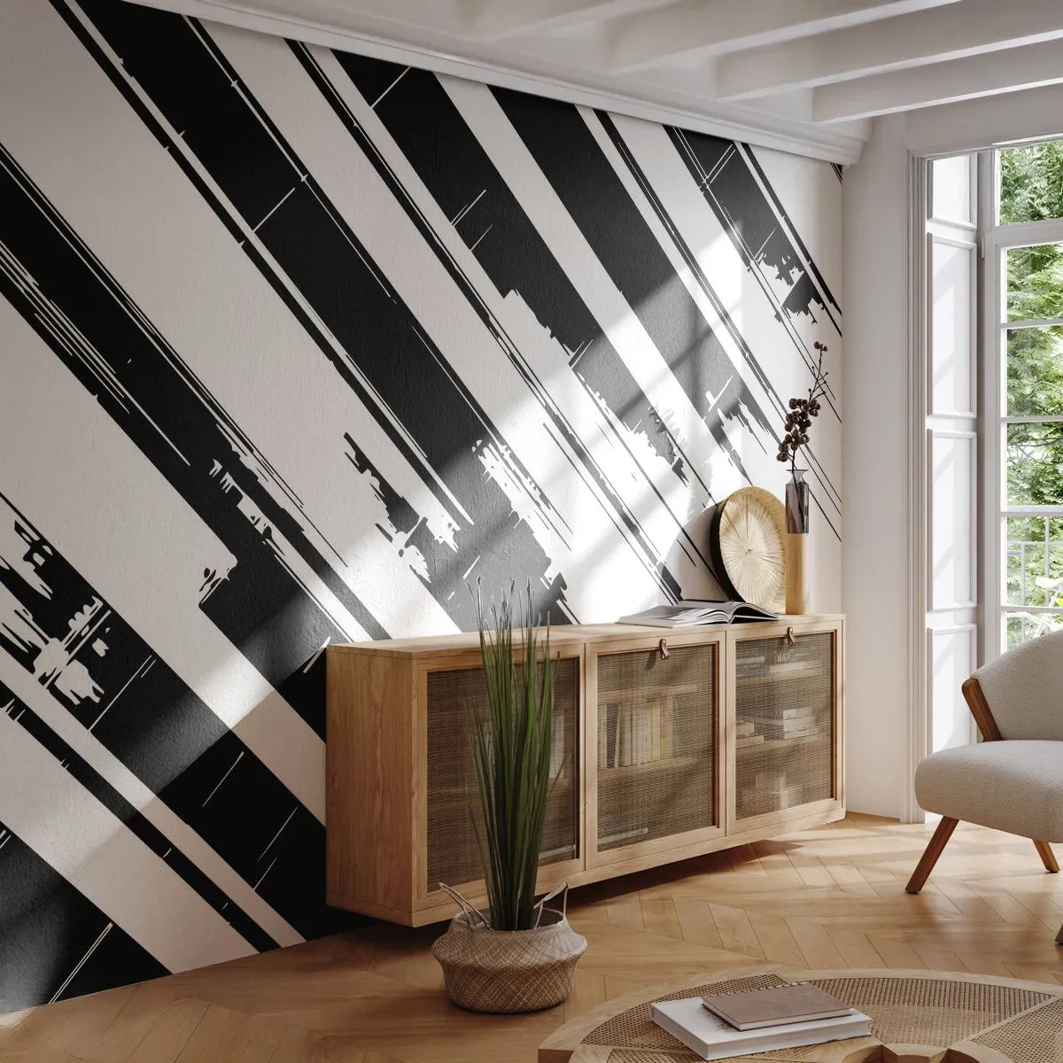 Fototapeta Standard Eco - Kontrastní diagonální pruhy v černé a bílé barvě s grafickým efektem - 100x70cm - Intenzivní a dynamická kompozice - Moderní nástěnná dekorace do obývacího pokoje a ložnice ARTTOR