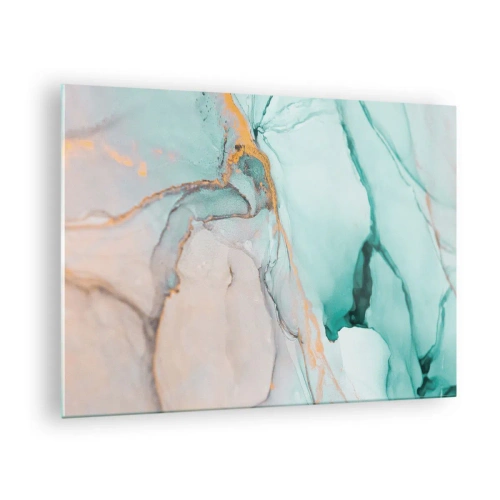 Obraz na skle - Abstraktní kompozice v odstínech tyrkysové a zlaté. - 70x50cm - Tanec tvarů a barev - Moderní nástěnná dekorace do obývacího pokoje a ložnice ARTTOR