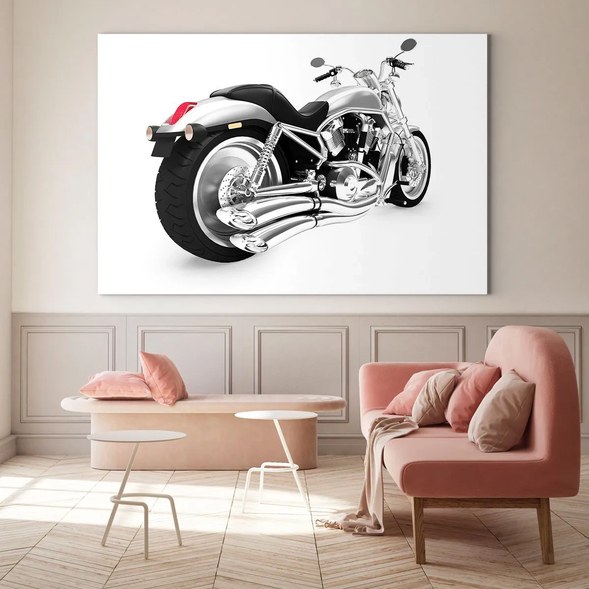 Obraz na skle - Chromovaný motocykl v moderním stylu na bílém pozadí - 70x50cm - Sny sběratele - Moderní nástěnná dekorace do obývacího pokoje a ložnice ARTTOR