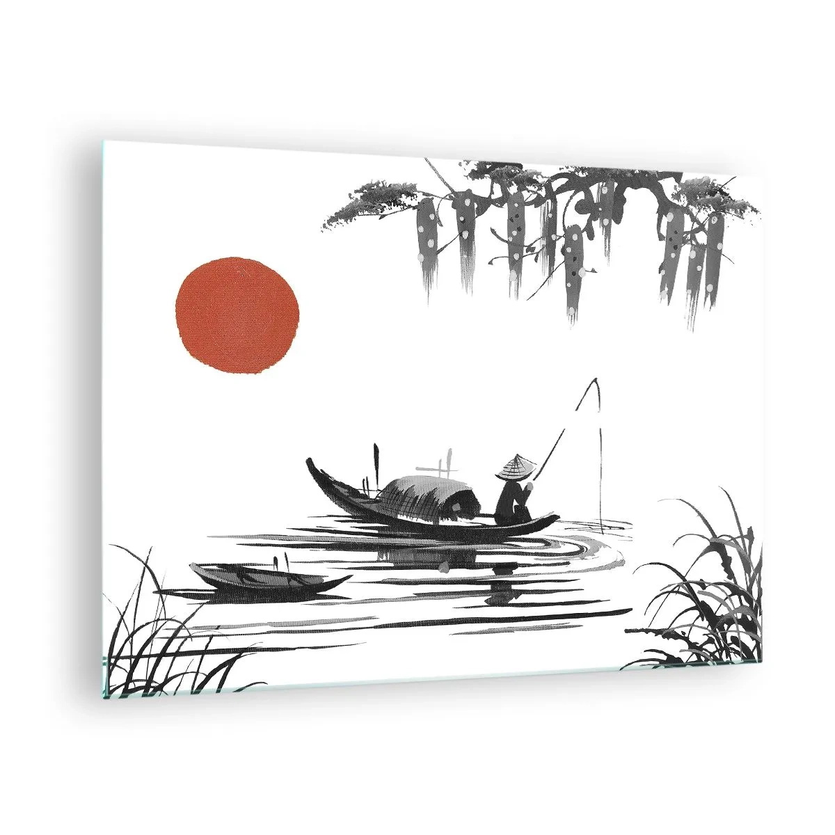 Obraz na skle - Tradiční rybářská loď na řece s rudým sluncem - 70x50cm - Asijské odpoledne - Moderní nástěnná dekorace do obývacího pokoje a ložnice ARTTOR